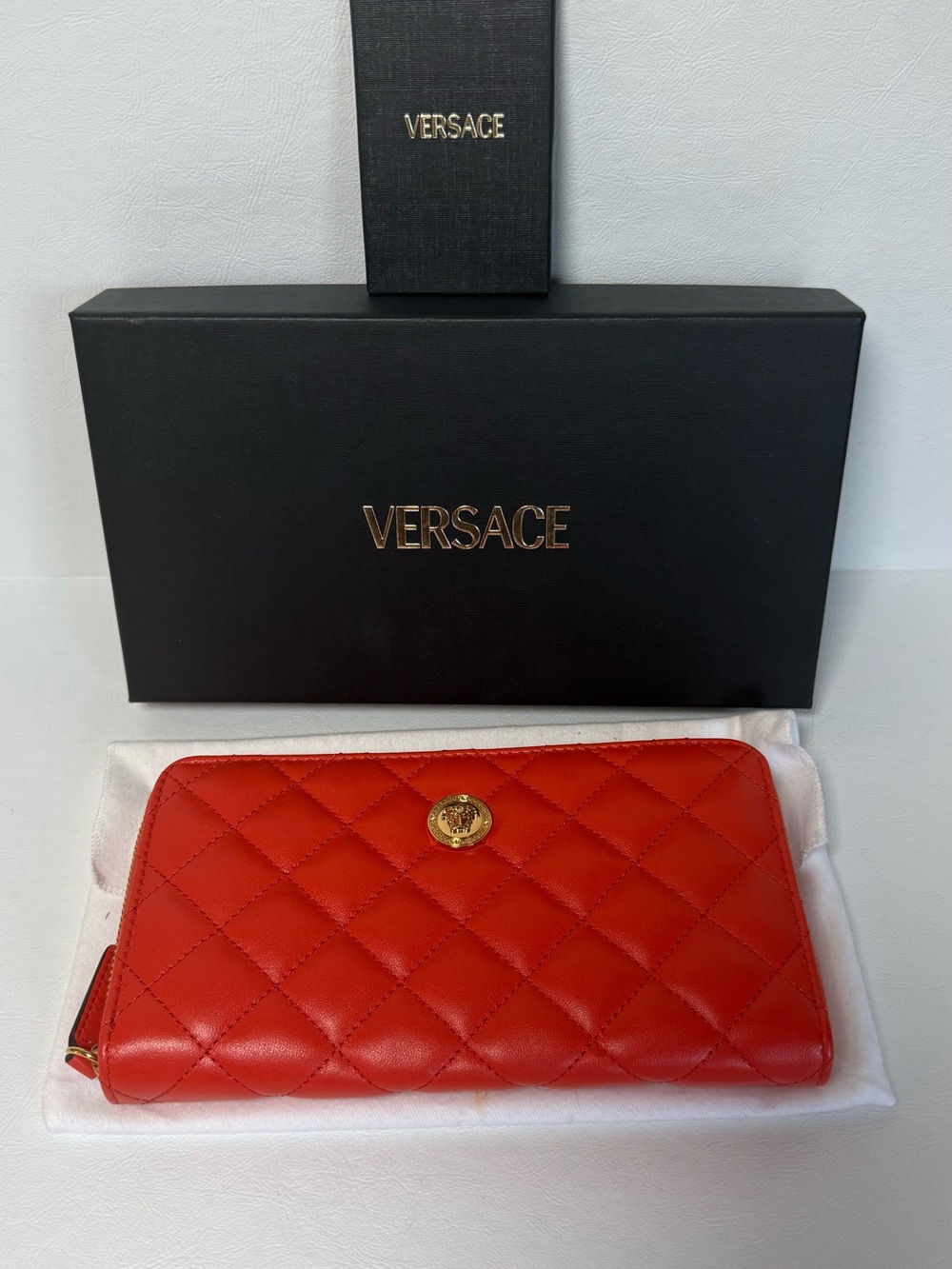 Versace Quilted Orange Leather Zip-Around Wallet with Gold Medusa